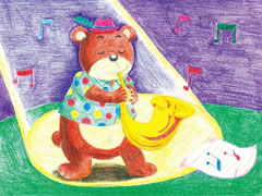 【儿童画教程】吹小号的熊彩色铅笔涂画步骤图示