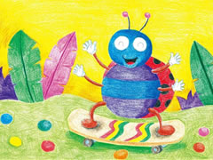 【儿童画教程】瓢虫宝宝玩滑板彩色铅笔涂画步骤图示