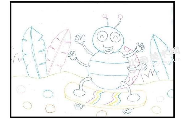 瓢虫宝宝玩滑板彩色铅笔涂画步骤图示01