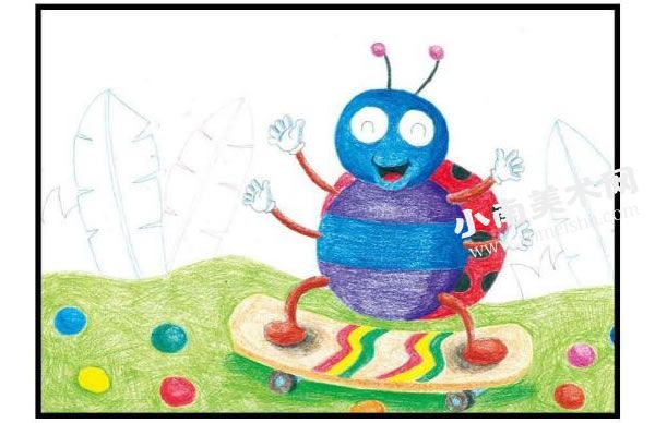 瓢虫宝宝玩滑板彩色铅笔涂画步骤图示02