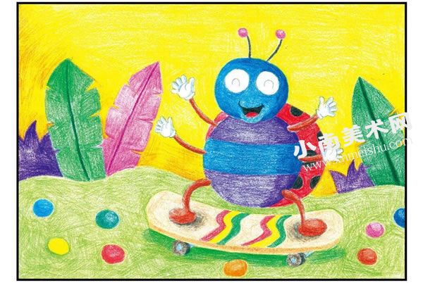 瓢虫宝宝玩滑板彩色铅笔涂画步骤图示03