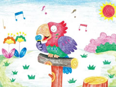 【儿童画教程】咿呀唱歌的鹦鹉彩色铅笔涂画步骤图示