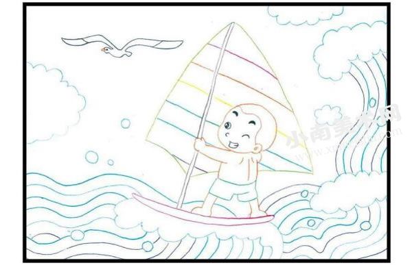 好玩的帆船彩色铅笔涂画步骤图示01