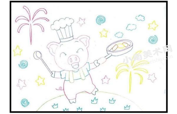 小猪厨师彩色铅笔涂画步骤图示01