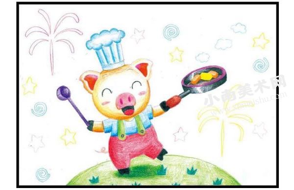 小猪厨师彩色铅笔涂画步骤图示02