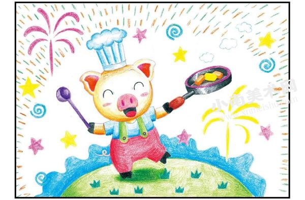 小猪厨师彩色铅笔涂画步骤图示03