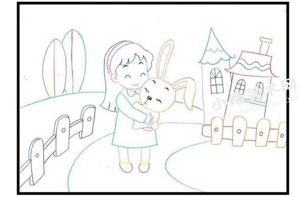 女孩和小兔彩色铅笔涂画步骤图示01
