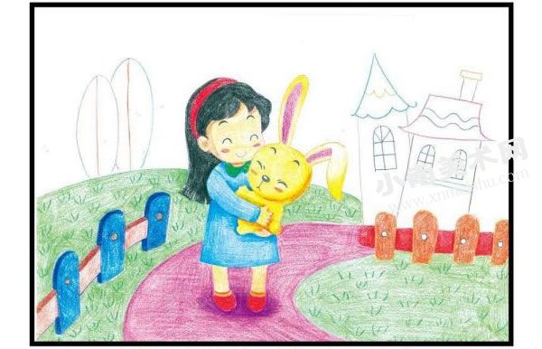 女孩和小兔彩色铅笔涂画步骤图示02