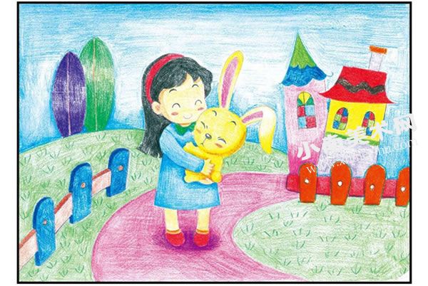 女孩和小兔彩色铅笔涂画步骤图示03