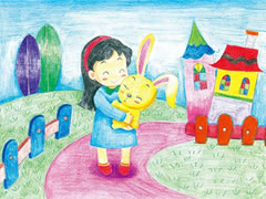 【儿童画教程】女孩和小兔彩色铅笔涂画步骤图示