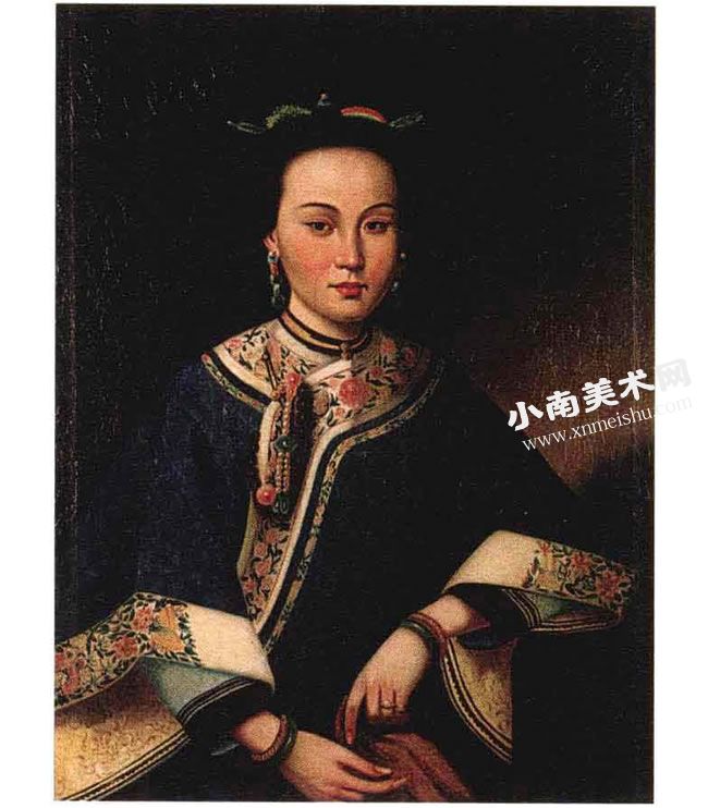 清代佚名《中国贵妇像》油彩名画高清大图