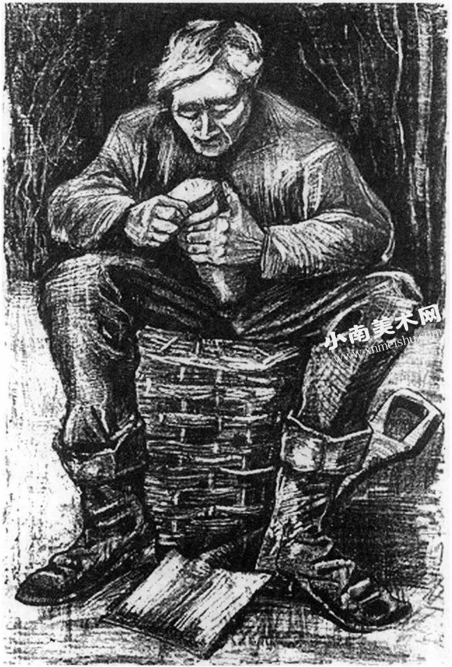 梵高《坐在一只篮子上切面包的工人》版画