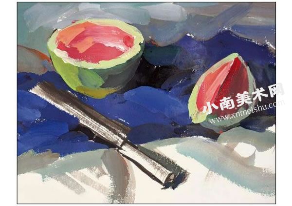 切开的西瓜、刀具和衬布组合水粉画法步骤图示04