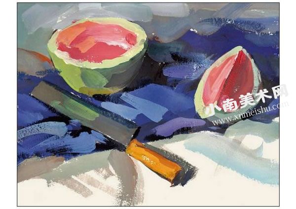 切开的西瓜、刀具和衬布组合水粉画法步骤图示05