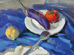 西红柿、茄子和勺子、碟子组合水粉画法步骤图示