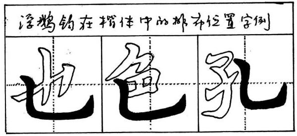 毛笔楷书浮鹅钩的写法与字例图示