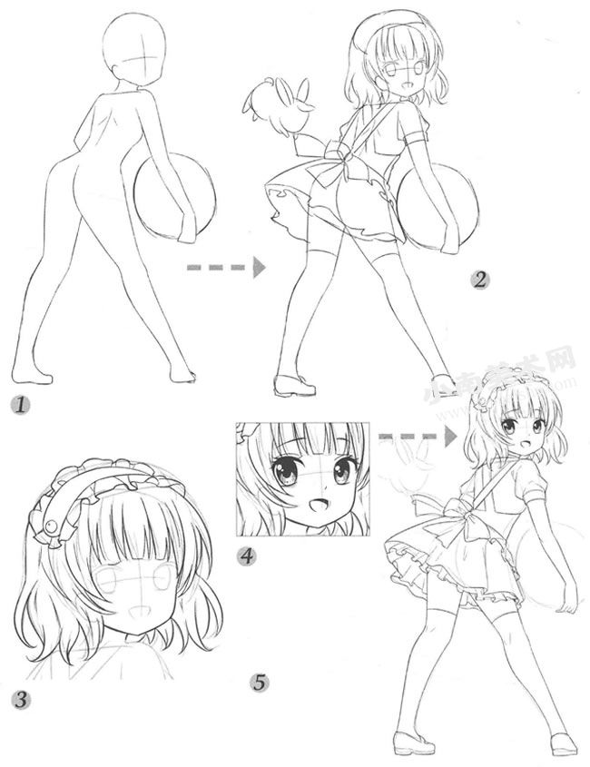 俏皮女仆漫画绘制步骤图示（1-5）