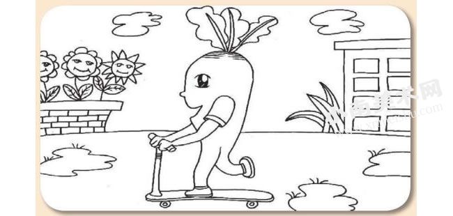 玩滑板车的胡萝卜头卡通画绘制步骤图示05