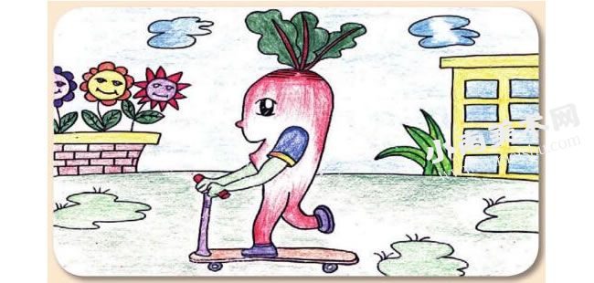 玩滑板车的胡萝卜头卡通画绘制步骤图示06