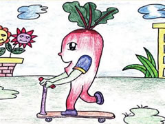 玩滑板车的胡萝卜头卡通画绘制步骤图示