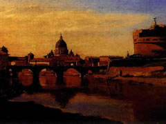 卡米耶•柯罗《罗马之景：圣天使桥，圣天使堡和圣彼得大教堂圆顶》油画