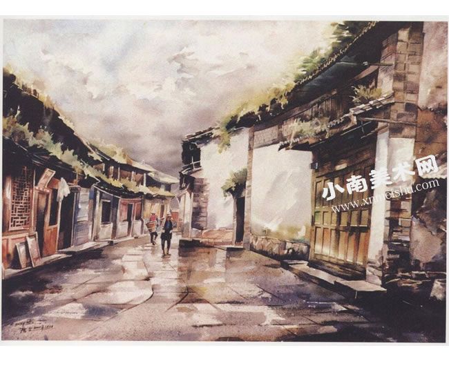 唐文《喜洲老街》水彩画作品高清大图