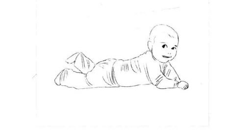 趴在床上的宝宝素描画法步骤图示01