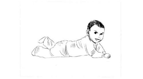 趴在床上的宝宝素描画法步骤图示02