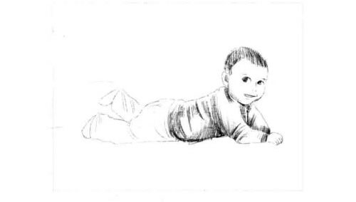 趴在床上的宝宝素描画法步骤图示04