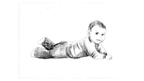 趴在床上的宝宝素描画法步骤图示05