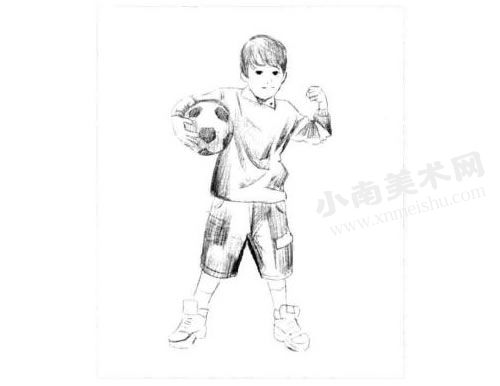 抱着足球的男孩素描画法步骤图示04