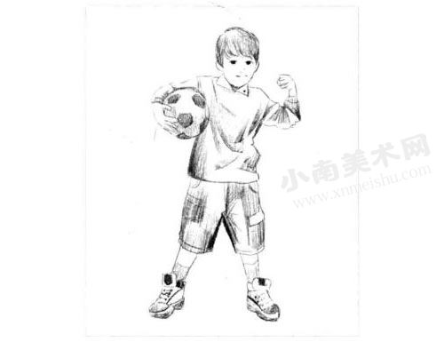 抱着足球的男孩素描画法步骤图示05