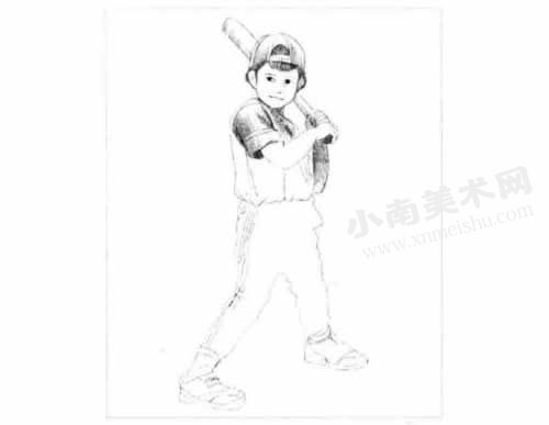 打棒球的小男孩素描画法步骤图示03