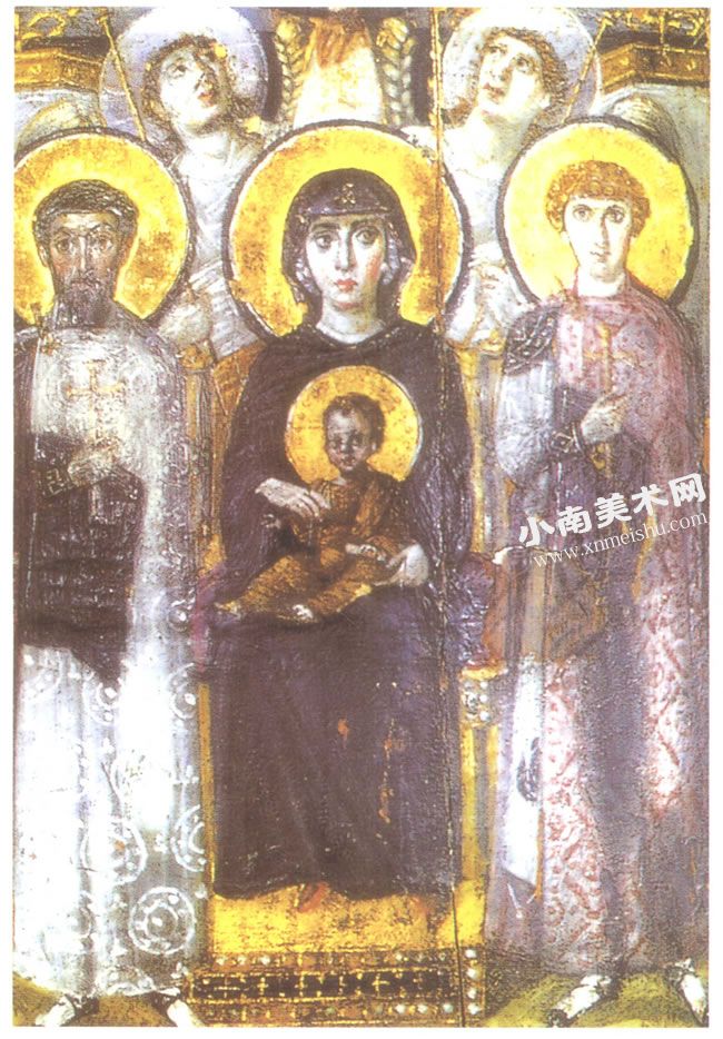 世界名画《圣狄奥多尔和圣乔治在侧的宝座上的圣母子》高清大图
