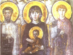 世界名画《圣狄奥多尔和圣乔治在侧的宝座上的圣母子》赏析