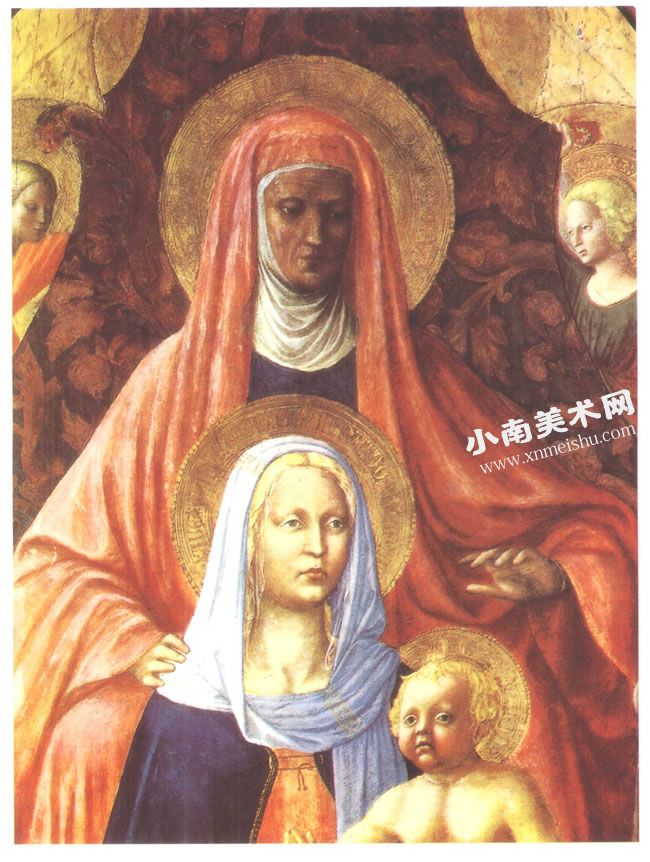 马萨乔《圣安娜与圣母子》(局部）木板蛋彩名画高清大图