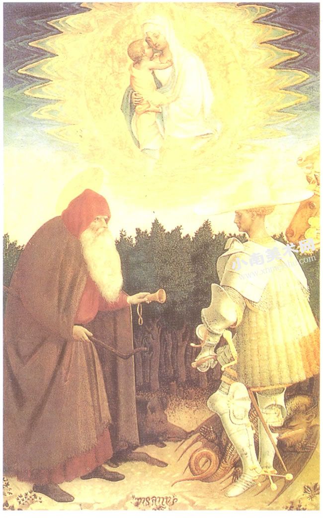 安东尼奥•皮萨内洛《圣母子、圣乔治和隐修院院长圣安东尼》油画高清大图