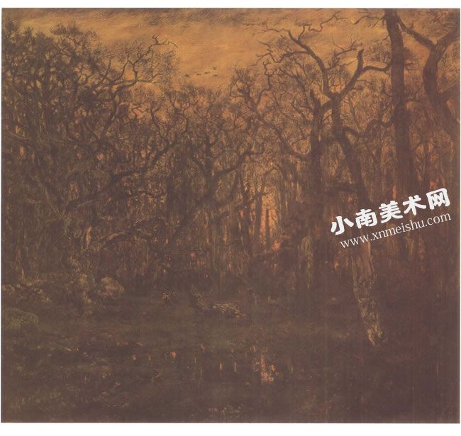 胡梭《冬日黄昏的森林》画布油彩名画高清大图