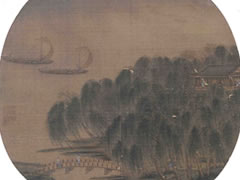 宋代佚名《柳阁风帆图》绢本设色古画欣赏