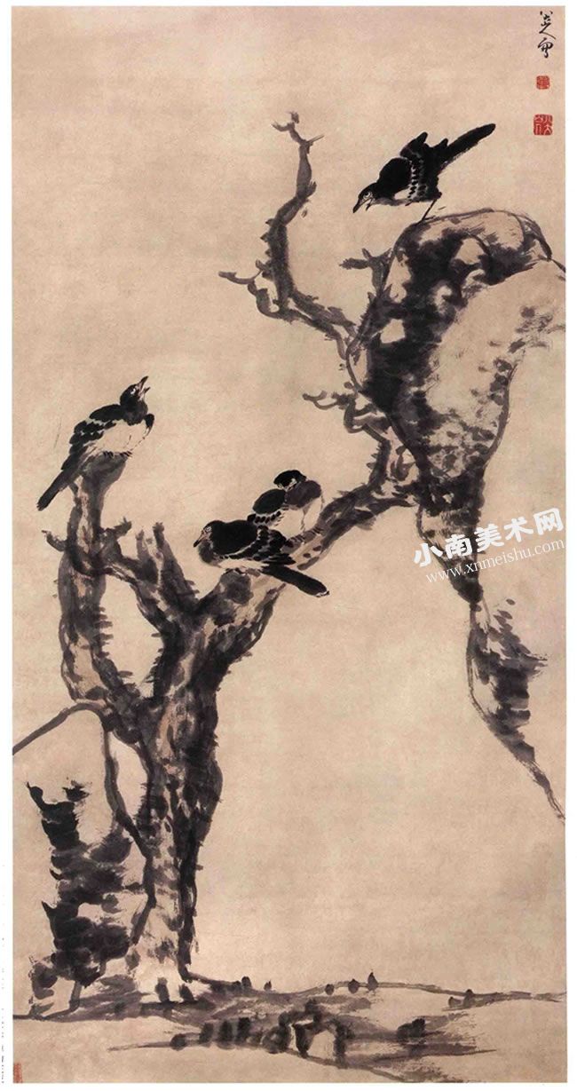 清代朱耷《枯木寒鸦图》轴古画高清大图