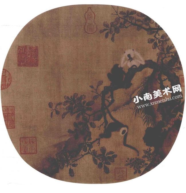 宋代佚名《猿猴摘果图》绢本水墨古画高清大图