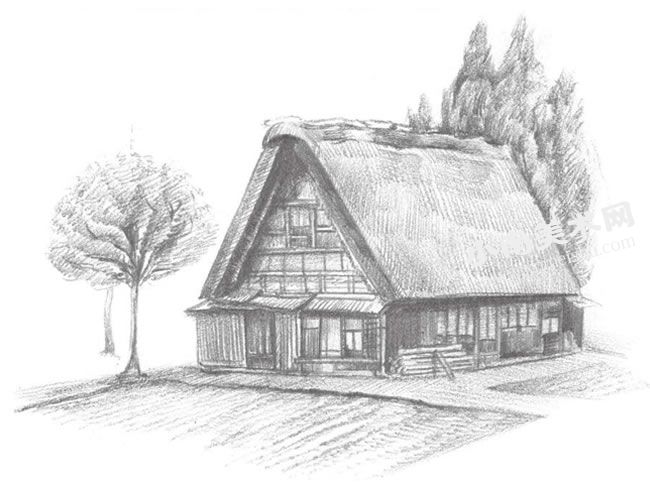 乡村小屋的素描画法步骤图示09
