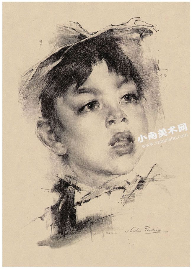 尼古拉•费钦《戴草帽的男孩》素描作品高清大图