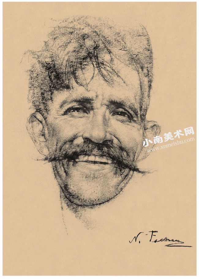 尼古拉•费钦《留胡子的微笑男人》素描作品高清大图