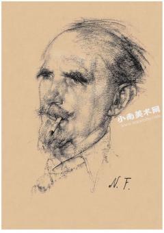 尼古拉•费钦《抽烟的老者》素描作品高清大图
