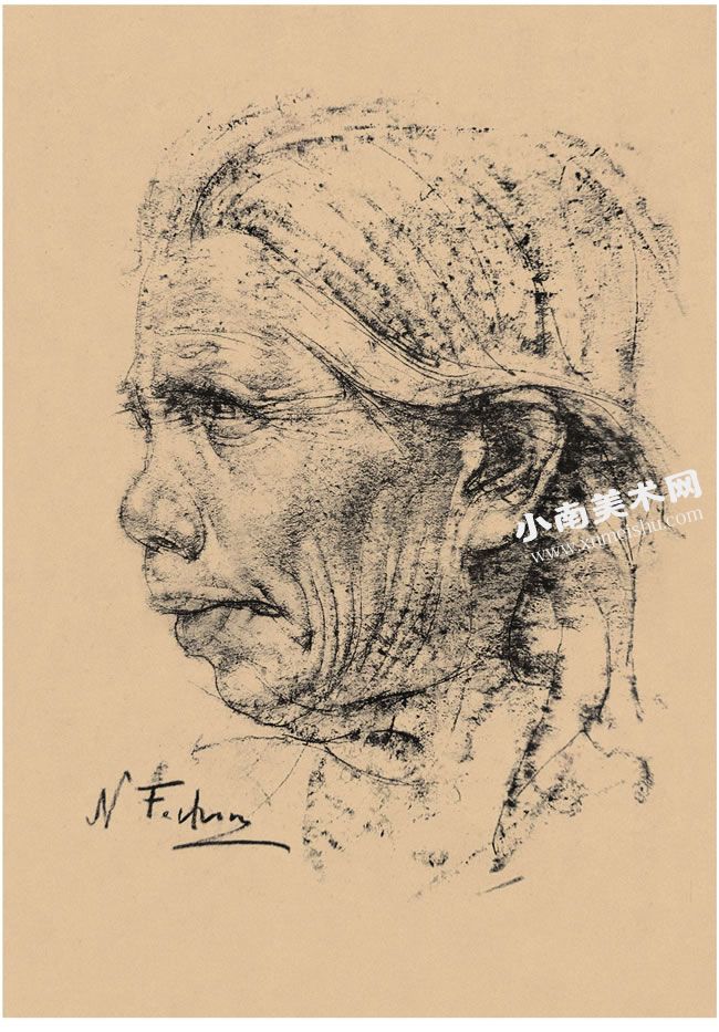 尼古拉•费钦《侧面的印第安老者》素描作品高清大图