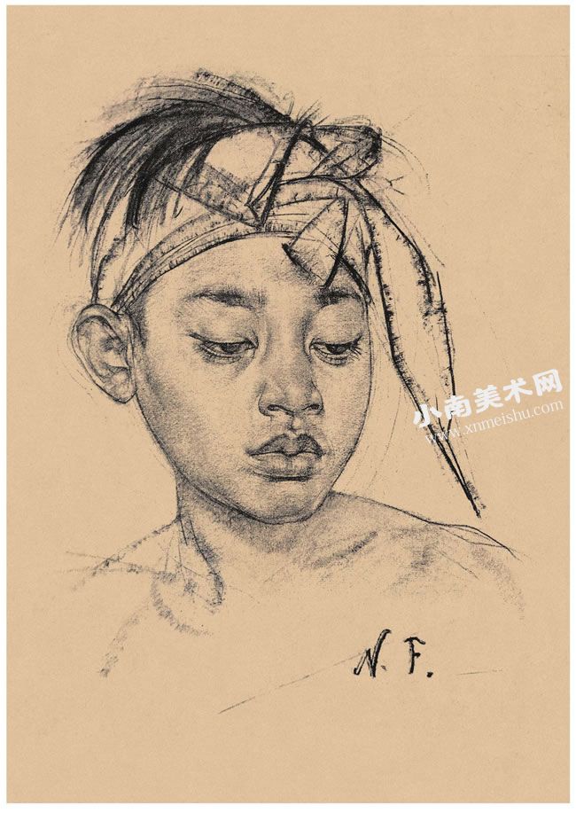 尼古拉•费钦《戴围巾的巴厘岛男孩》素描作品高清大图