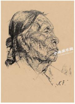 尼古拉•费钦《仰视的印第安老者》素描作品高清大图