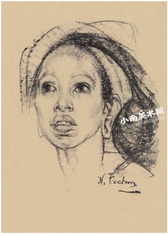 尼古拉•费钦《戴头巾的巴厘岛女子》素描作品高清大图