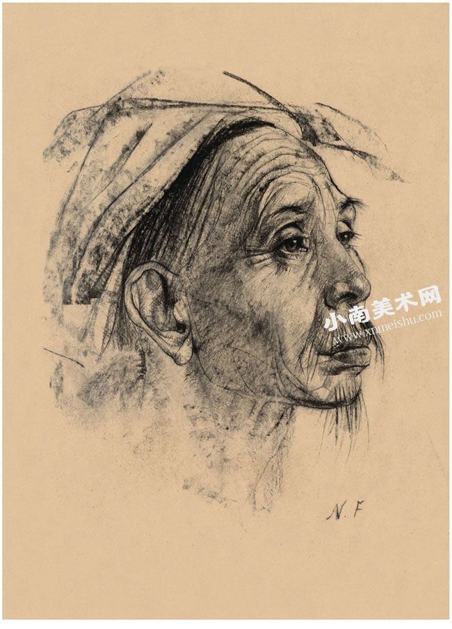 尼古拉•费钦《戴头巾的巴厘岛老者》素描作品高清大图